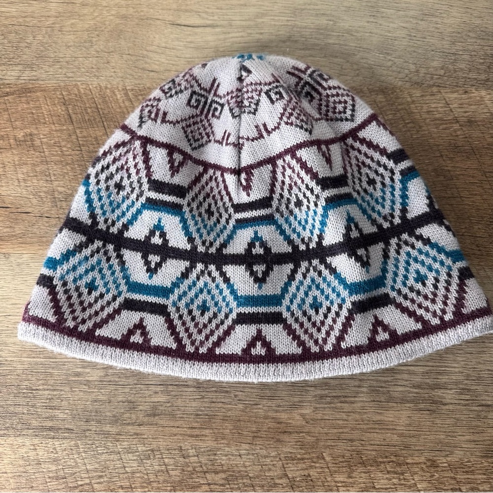 COLUMBIA Unisex Vintage Fair Isle Wool Blend Knit Beanie Toque Grey Blue Maroon - Picture 7 of 12